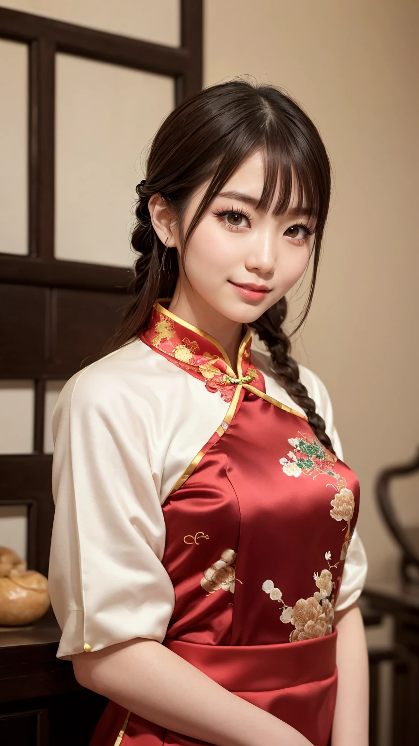 Realistic, masterpiece, Highest quality, Highest Resolution, Anatomically correct, Accurate Anatomy, 7 heads, Height: 165cm, One Japanese woman, profile, Staring at the audience, Smiling with an open mouth, Staring at the audience, Fine and beautiful eyes, Sparkling eyes, Thin eyebrows, Gives lashes a delicate finish, False eyelashes, (Chinese traditional makeup:1.2), (Dumpling+Braided hair, Blunt bangs, Brown Hair:1.2), Detailed face, Sharp Eyes, (Traditional Chinese Dress, Clothes that fit snugly to the body, Random Color:1.3), Upper body photo, Background like ink painting