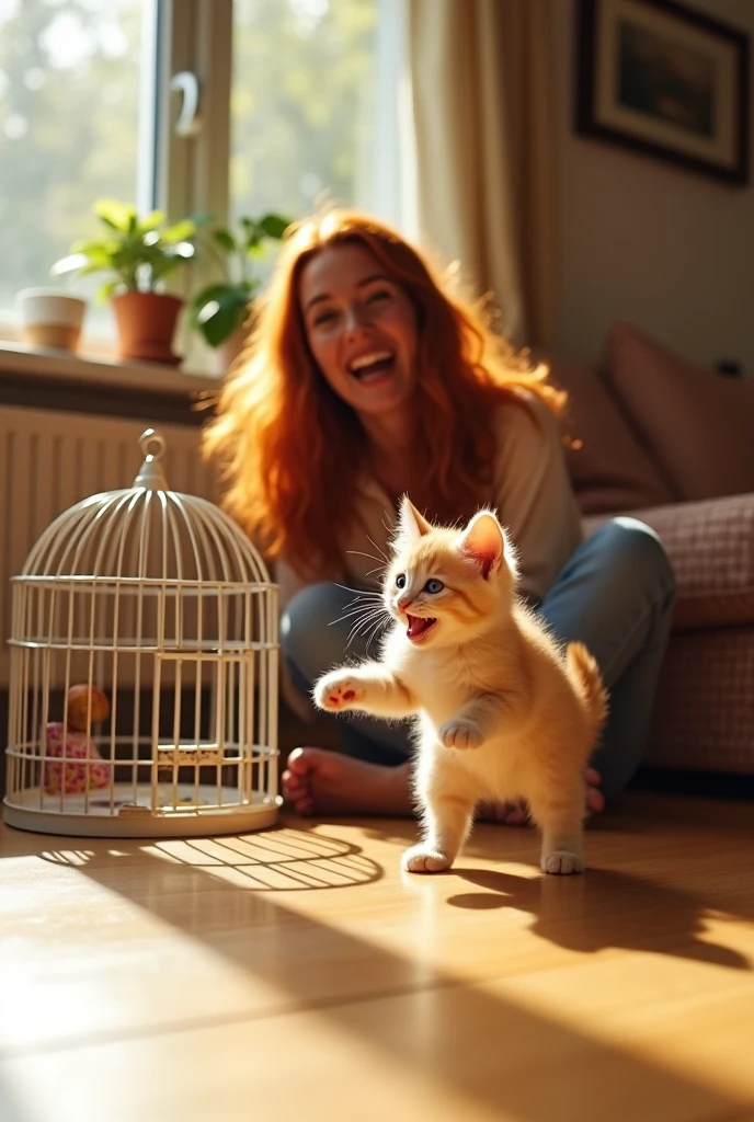 Create realistic image of a yellow kitten playing on the floor with a very happy 40 year old woman with red hair.
On the floor beside them is an empty, open round bird cage..