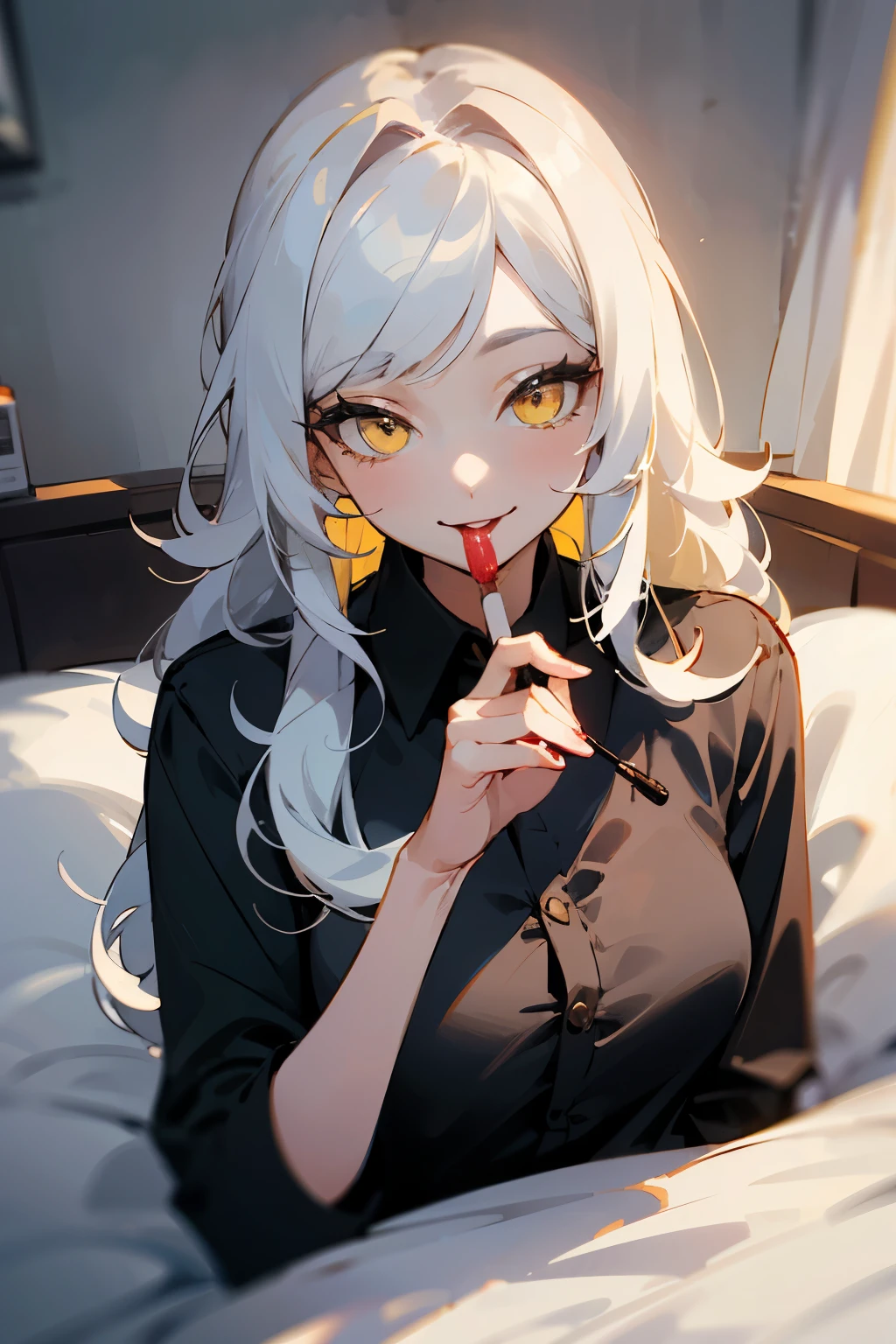 A beautiful woman. Vibrant yellow eyes. Long fluffy hair with bangs. White eyelashes. Smiling playfully. Black shirt. Long hair. One person. White hair. strawberry lollipop, vibrant background, sexy