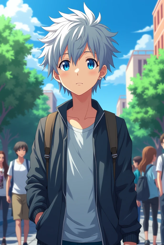 Anime guy with gray hair, blue eyes, tall, university student, cross-ear piercing  