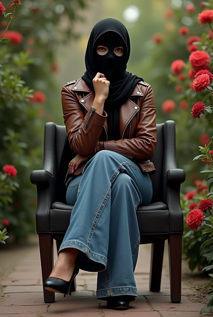 completely hidden face misterious white arabic woman wearing 2 eye holes black ski mask covering mouth and nose, without hair, brown biker leather jacket, wide leg denim pants, sitting on the chair on the garden, high hills sandals, crossing legs, hand under chin, crossing arms