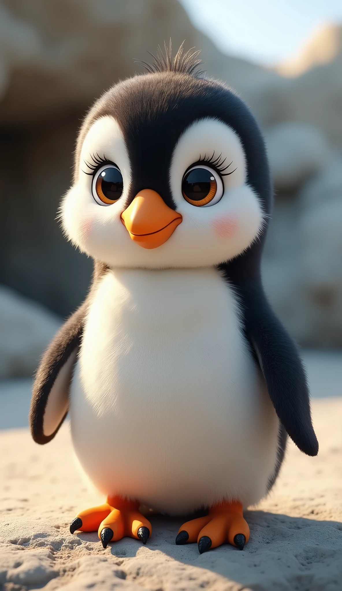 The image shows an adorable animated penguin standing on a rocky surface. The penguin has a fluffy, soft texture, with a white belly, black back, and head, and a small orange beak. The eyes are large and expressive, with long eyelashes that give the penguin a cute, endearing look. Its small flippers are slightly outstretched, and it has orange feet with black tips. The background appears to be a natural outdoor setting, possibly in a zoo or a polar environment, with blurred rocks and soft lighting. The overall feel of the image is warm and charming, making the penguin appear friendly and lively.