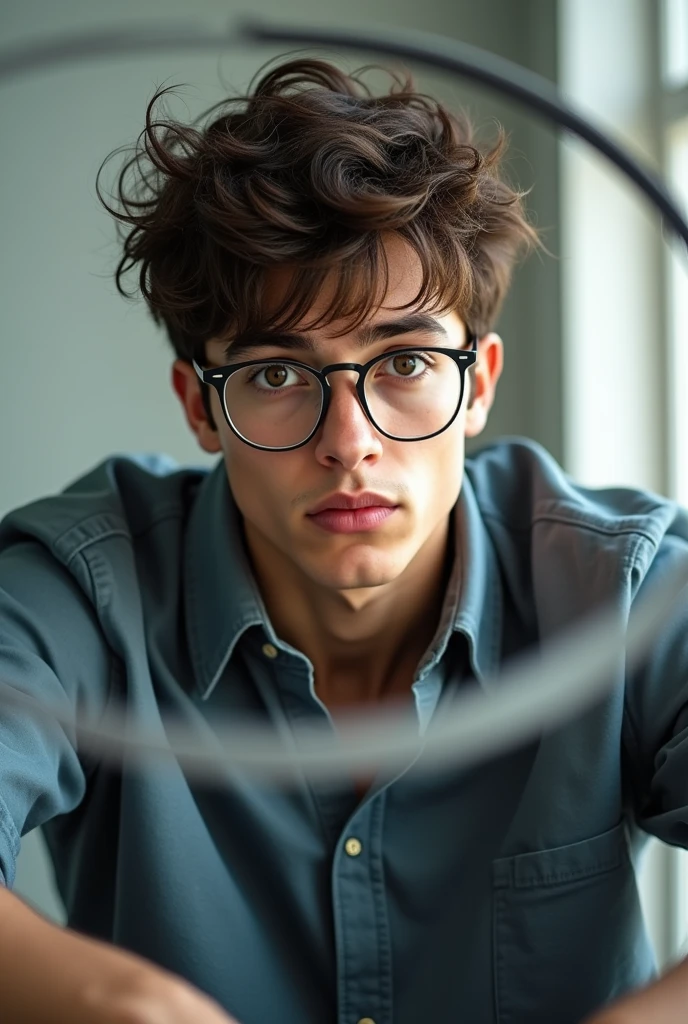 A male with dark brown eyes, with broken hair, thick lips, high, thin and with confuseexpression, put on metal oakley glasses,3d render