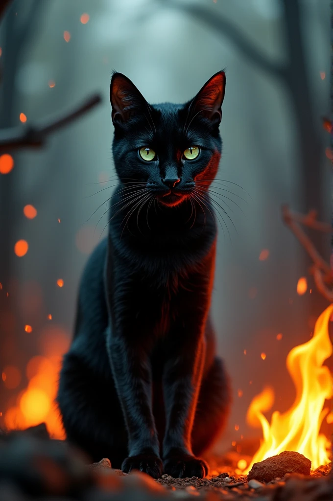 Black cat in fire