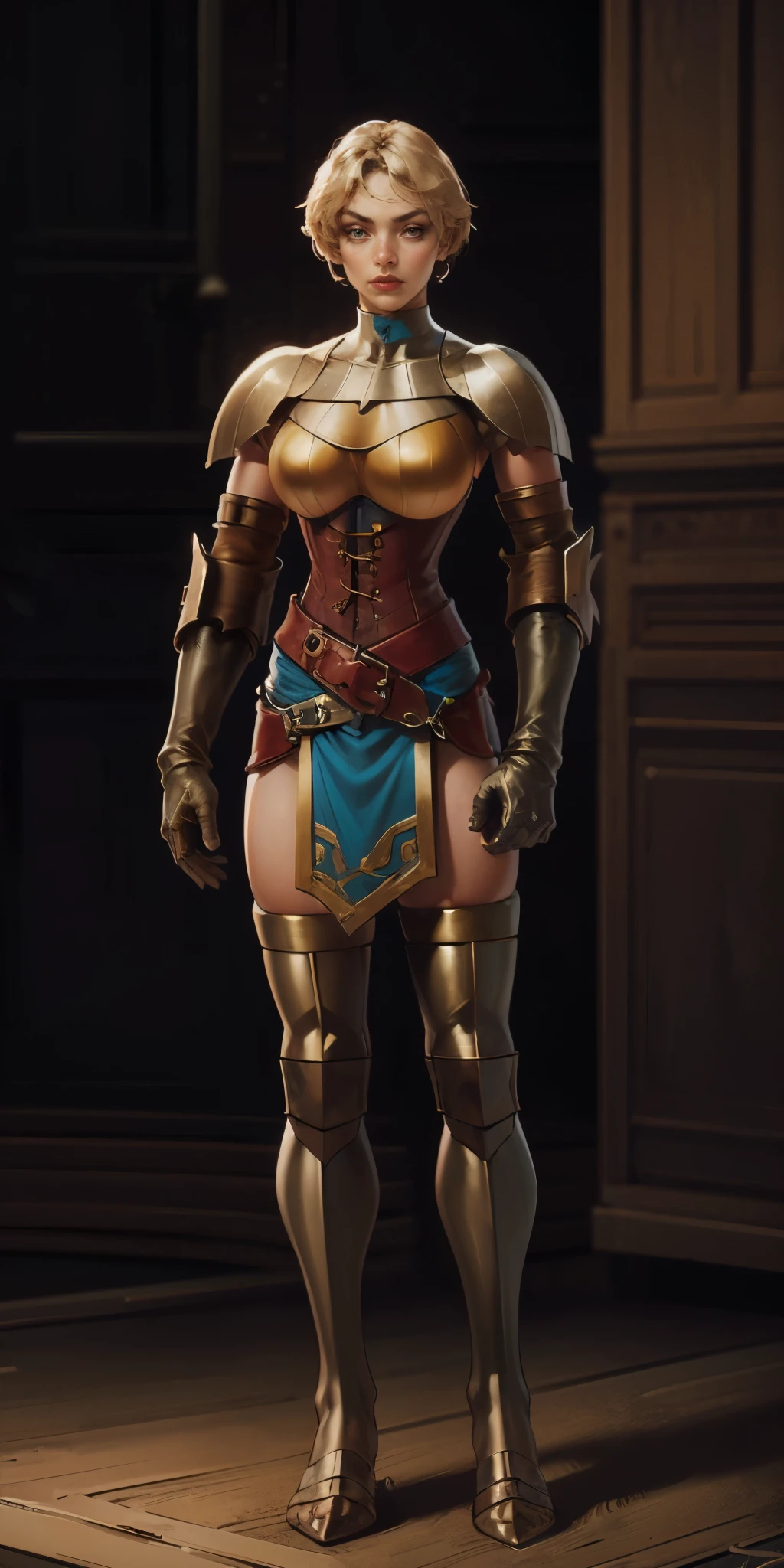 full body, whole body. 1solo (girl). slave fighter, loincloth standing, hands on hips, metal sandals, leather choker and corset, big belt, view from below, feet together, bracers, tiara)