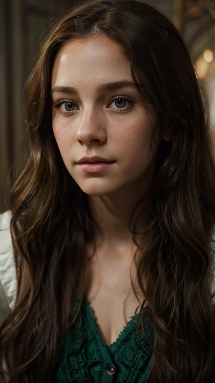 a beautiful young woman, hermione granger, long wavy brown hair, green eyes, detailed portrait, realistic skin, detailed facial features, cinematic lighting, fantasy art, highly detailed, photorealistic, 8k, best quality, masterpiece
