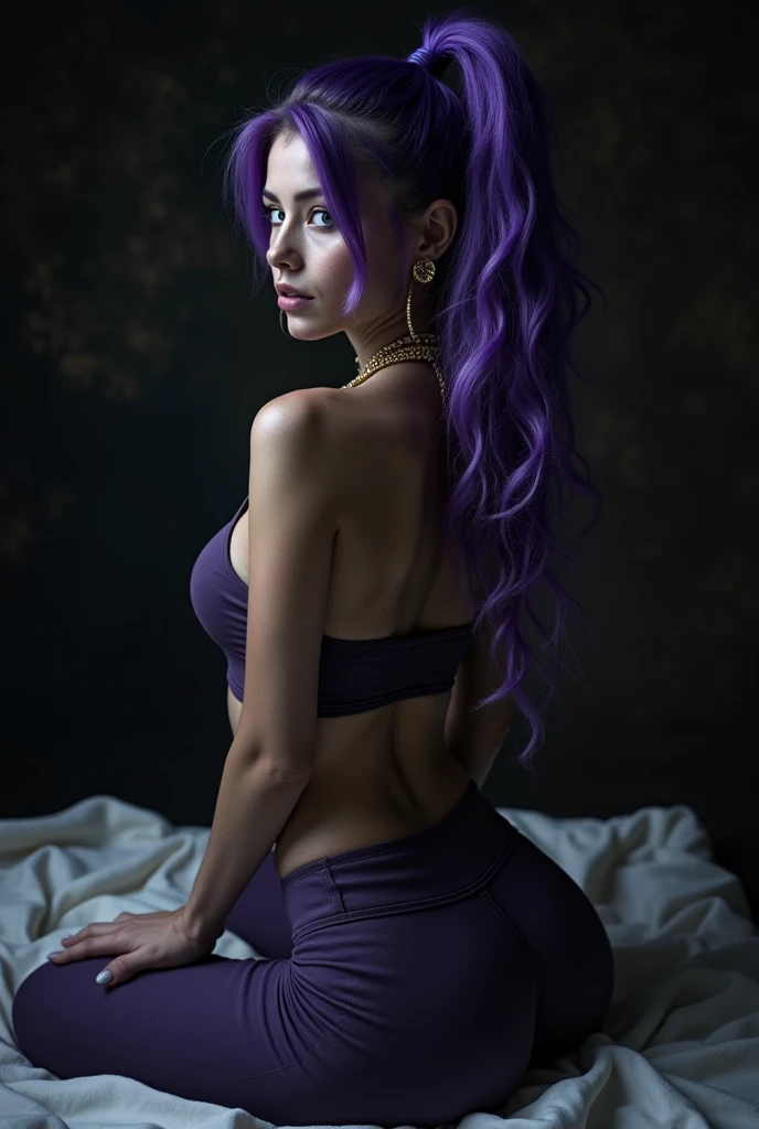 naked woman, White skin, curly blue violet hair, Beautiful open legs, kneeling on her back touching her buttocks in a sensual pose, looking sensually at the camera, Deep look wearing only stockings with garters,and some bunny ears