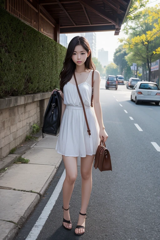 Highest quality、masterpiece、High sensitivity、High resolution、Detailed Description、Slender women、on the road、While playing with a cell phone、Carrying a big bag、Leaning against the wall、Are standing、