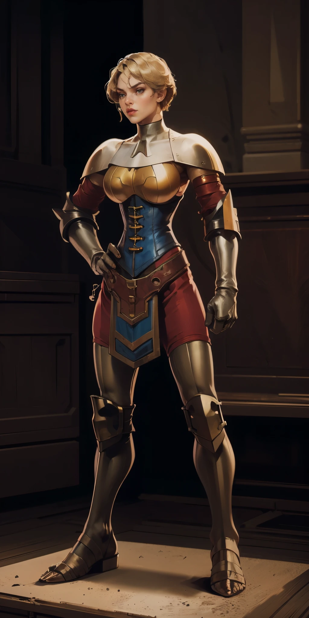 full body, whole body. 1solo (girl). slave fighter, loincloth standing, hands on hips, metal sandals, leather choker and corset, big belt, view from below, feet together, bracers, tiara)