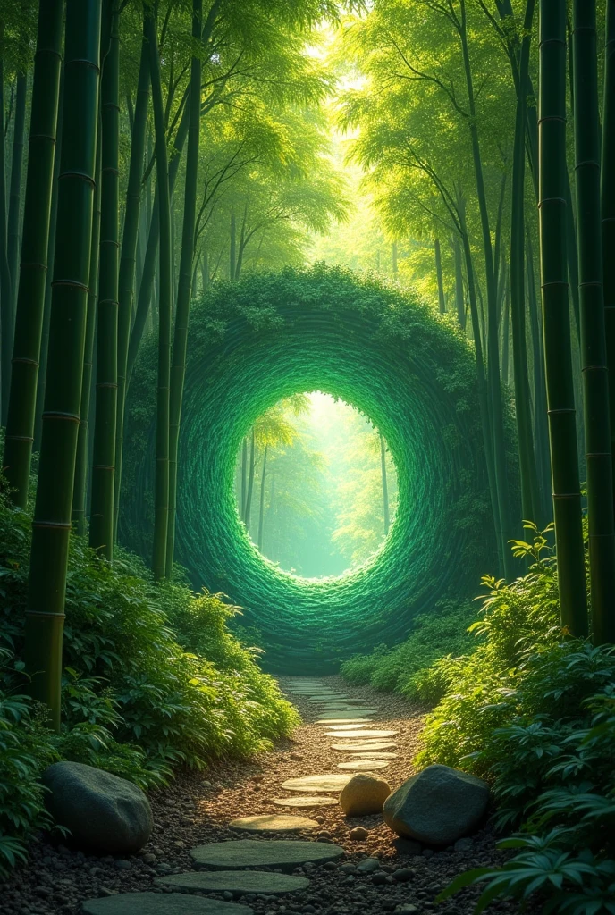a mystical bamboo forest, fractal swirl door:1.2, entrance to another world, (best quality,4k,8k,highres,masterpiece:1.2),ultra-detailed,(realistic,photorealistic,photo-realistic:1.37),fantasy,surreal,magical,mystical,ethereal,tranquil,serene,lush vegetation,dense foliage,shimmering light,glowing energy,otherworldly atmosphere,intricate patterns,mesmerizing textures,vibrant colors,warm tones,dramatic lighting,glowing portal,dimensional rift,mysterious pathway