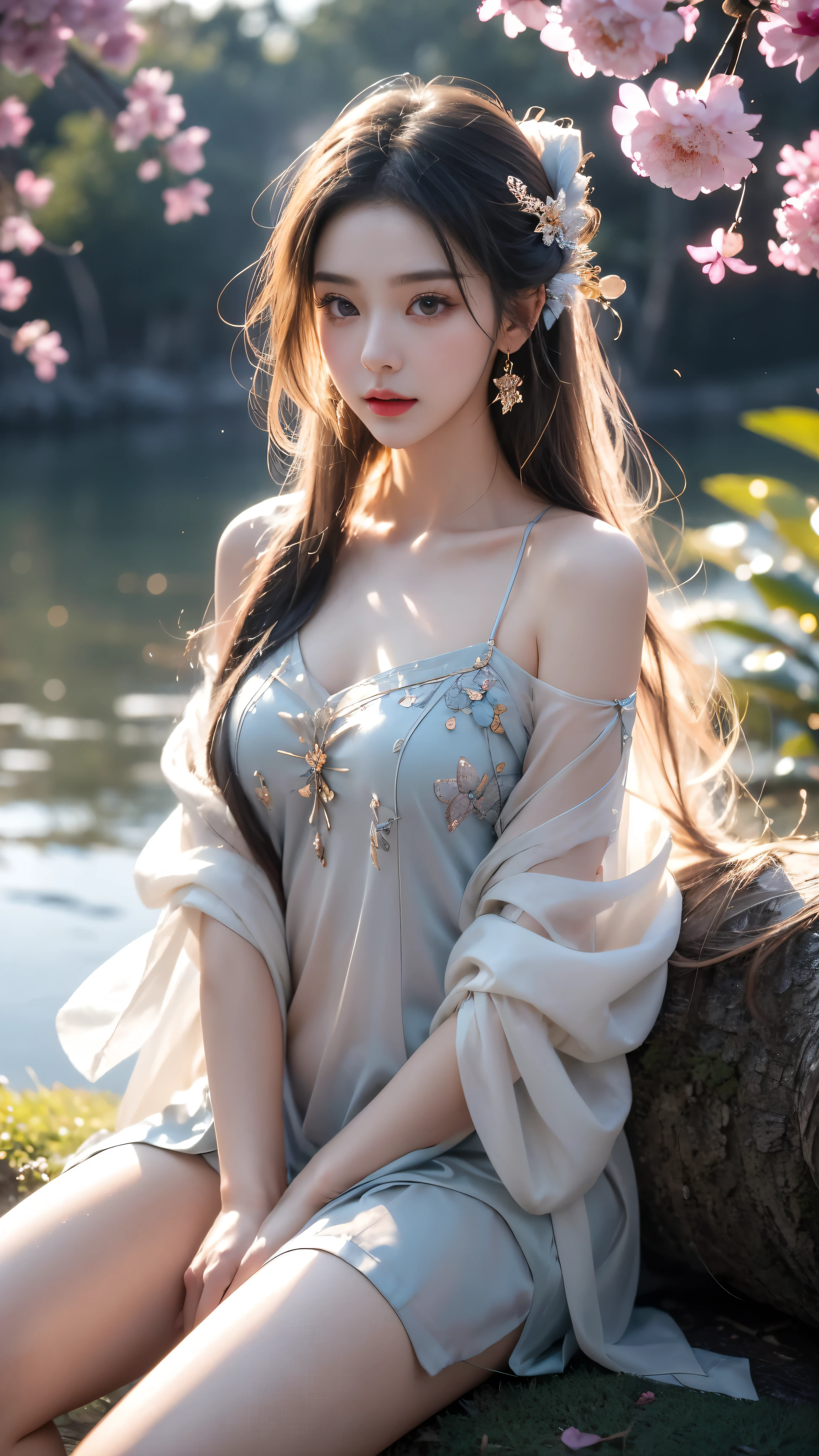 (masterpiece, best quality:1.2), 1 Girl, Solitary, ((Off-shoulder clothes)), Deep in Wonderland,Moonlight falls like water,Foggy Room,The heroine's figure is vaguely visible,Like a fairy in a painting,Slender sexy legs,Very beautiful legs,Leaking sexy legs,Large Breasts,美丽而又带着一丝mystery的色彩。Her face is beautiful and delicate,Like a finely carved jade,Showing extraordinary beauty。The eyebrows are so pretty,The waves in my eyes are like twinkling stars,Show the light of perseverance and wisdom。The bridge of the nose is straight,Cherry lip color,The slightly upturned corners of the mouth reveal confidence and calmness。Her face is chiseled,Skin like jade,Reveal healthy glow,Just like fairies, She never eats worldly fireworks。Her makeup is light and delicate,No excessive embellishment,But it is enough to show her temperament and charm。Light foundation highlights the translucence of the skin,A light eyebrow pencil outlines her perfect eyebrow shape,Eye makeup is eye shadow and eyeliner,Make her eyes brighter、Energetic。嘴唇涂上grace的口红,Add a touch of charm and sophistication。她的衣服grace别致,Clothes fluttering,As if the wind will blow it up at any time,Drifting away。既不失grace,She also showed her extraordinary ball skills。Swaying with her movements。Her hair was tied back casually.,Secure with a jade hairpin,A few strands of hair fluttering gently in the wind,Add a touch of softness。Her figure looms in the fairyland,宛如一道Large Breasts美丽的风景线,Attracted everyone's concern。She seems like a fairy in wonderland,Large Breasts美丽、grace、mystery、Full of power。