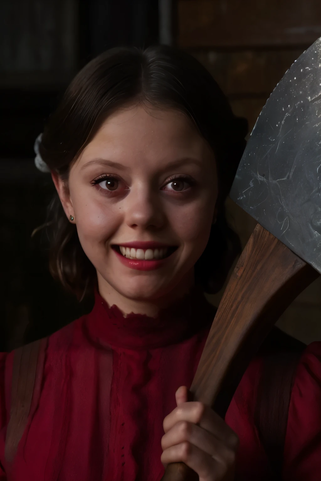 (Pearl from A24's movie), (((holding a bloody axe))), ((Wearing a Red dress)), ((large smile)), (cinematic lighting), blood, (hyper-realistic style), (vintage 1910s rural setting), (dark and eerie atmosphere), (dramatic shadows), (close-up shot), (bloodstained clothing), (highly detailed facial features), (film grain effect), (desaturated colors), (tense and unsettling mood), (horror movie vibes), (psycho theme), (intense focus on her eyes), (weathered wooden barn backdrop), (nighttime setting with faint moonlight), (masterpiece: 2), best quality, ultra highres, original, extremely detailed, perfect lighting
