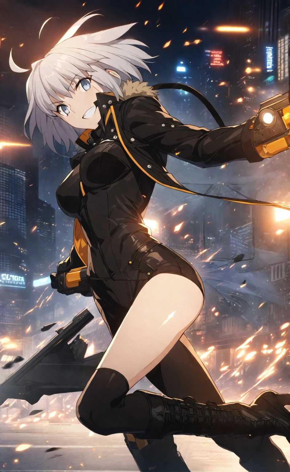 anime girl , fate grand order, fine details. girls frontline, full body, from girls frontline, girls frontline cg, best anime 4k konachan wallpaper, Badass anime 8 K, anime moe artstyle, girls frontline style, ufotable art style,rider suit,black and gold coat,masterpiece,silver short hair,smile,sinjyuku in tokyo,buildings,night,Black leather coat with gold embroidered fur edging,Black leather boots with three-section fastening belt,A challenging smile,drive a cool bike