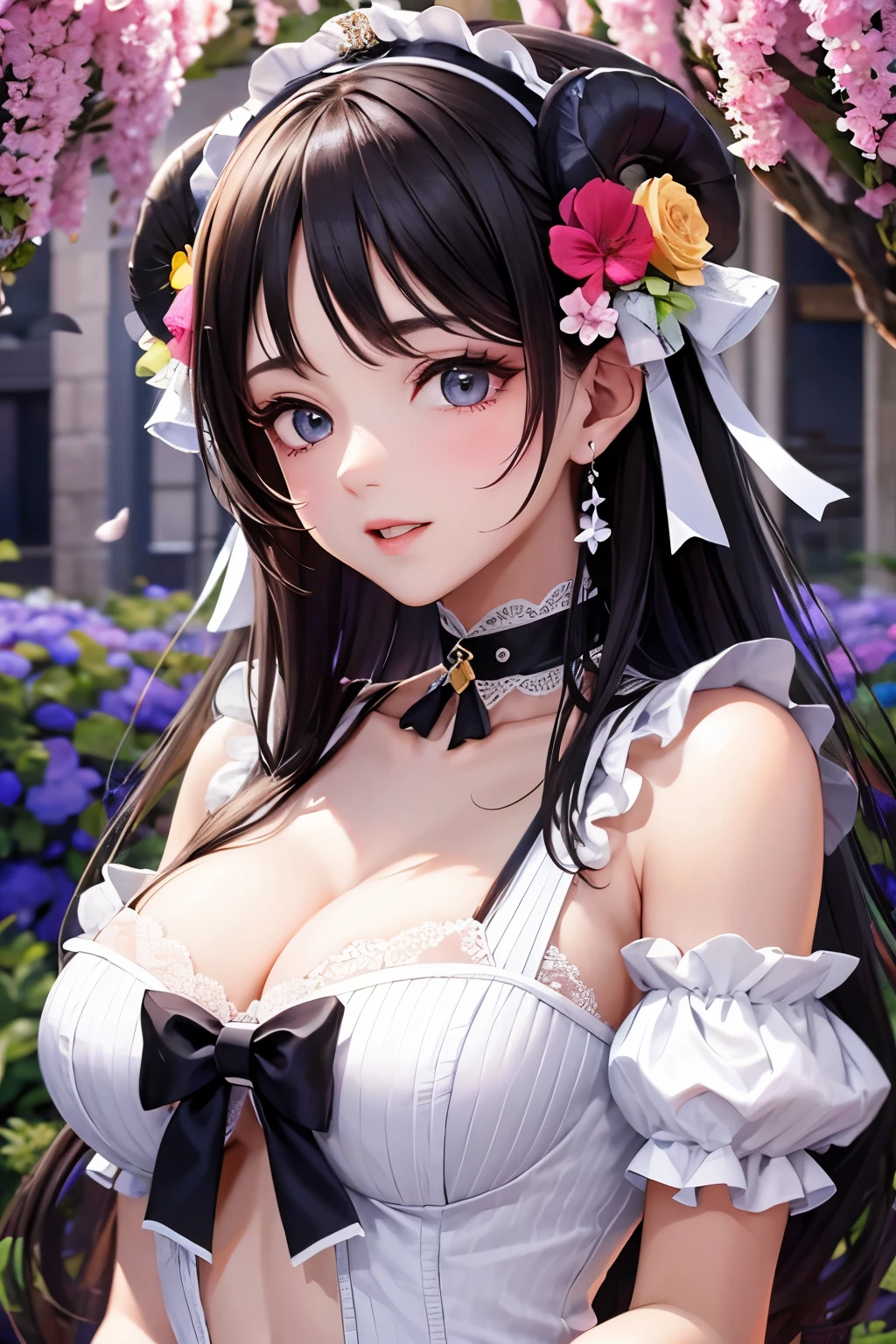 A cute and beautiful girl in a sheep costume with a heart-shaped choker, in a beautiful flower field