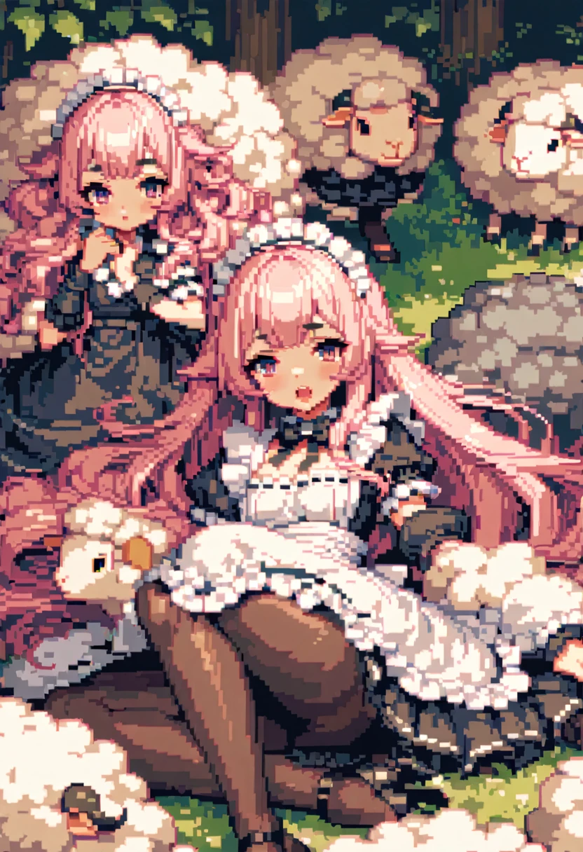 masterpiece, Highest quality, 8k, Beautiful pixel art, Vivid, Sheep, young woman, Open your mouth, (Fluffy hair), Long Hair, Hair like sheep's hair, Pink Hair, eyebrow, 太いeyebrow大きな目の人形1体，Maid clothes，pantyhose，Heel