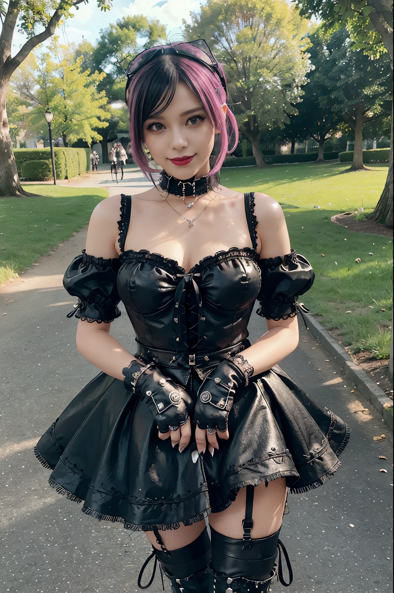 sexy stylish female model, only 1 female, ((doll-like appearance)), long stylish hair, ((shiny Punk-Style boots)), (happy smile), ultra detailed eyes, long lashes, metallic makeup, lip-gloss, ((sexy Punk Lolita cosplay)), unconventional skirt, petticoats, high neckline, ((ultra detailed lace)), ((ultra detailed embroidery)), intricate details, tartan patterns, safety pins, Punk Lolita accessoires, short black gloves, Punk Lolita choker, ((large sparkling Punk Lolita jewelry)), cinematic light, detailed sunny large park background with trees