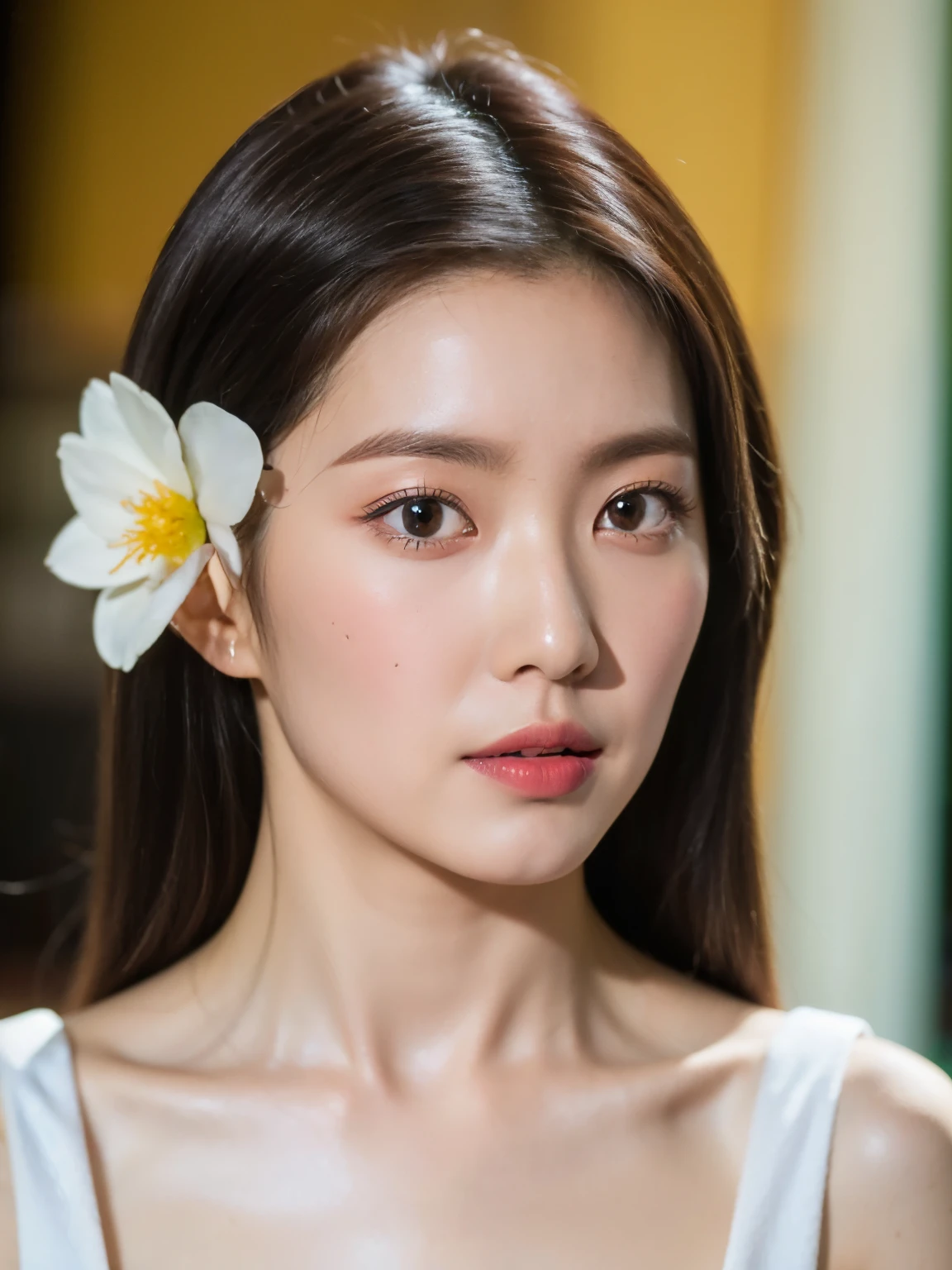 (8K, RAW photo, Best quality, Masterpiece:1.2), (Photorealism), (Extremely detailed Cg Unity 8K wallpaper), ((1 girl)), (Surrounded by flower1.4), pony-tail hair, cleavage, (Perfect:1.4), (Medium breasts:1.2), Beautiful face, Clear Focus, Cocktail black dress set, bokeh background in hotel room, fine eyes, fine skin, fine lips, Model flattering portrait pose, eyes color contacts lens is gemstone green, random body orientation,