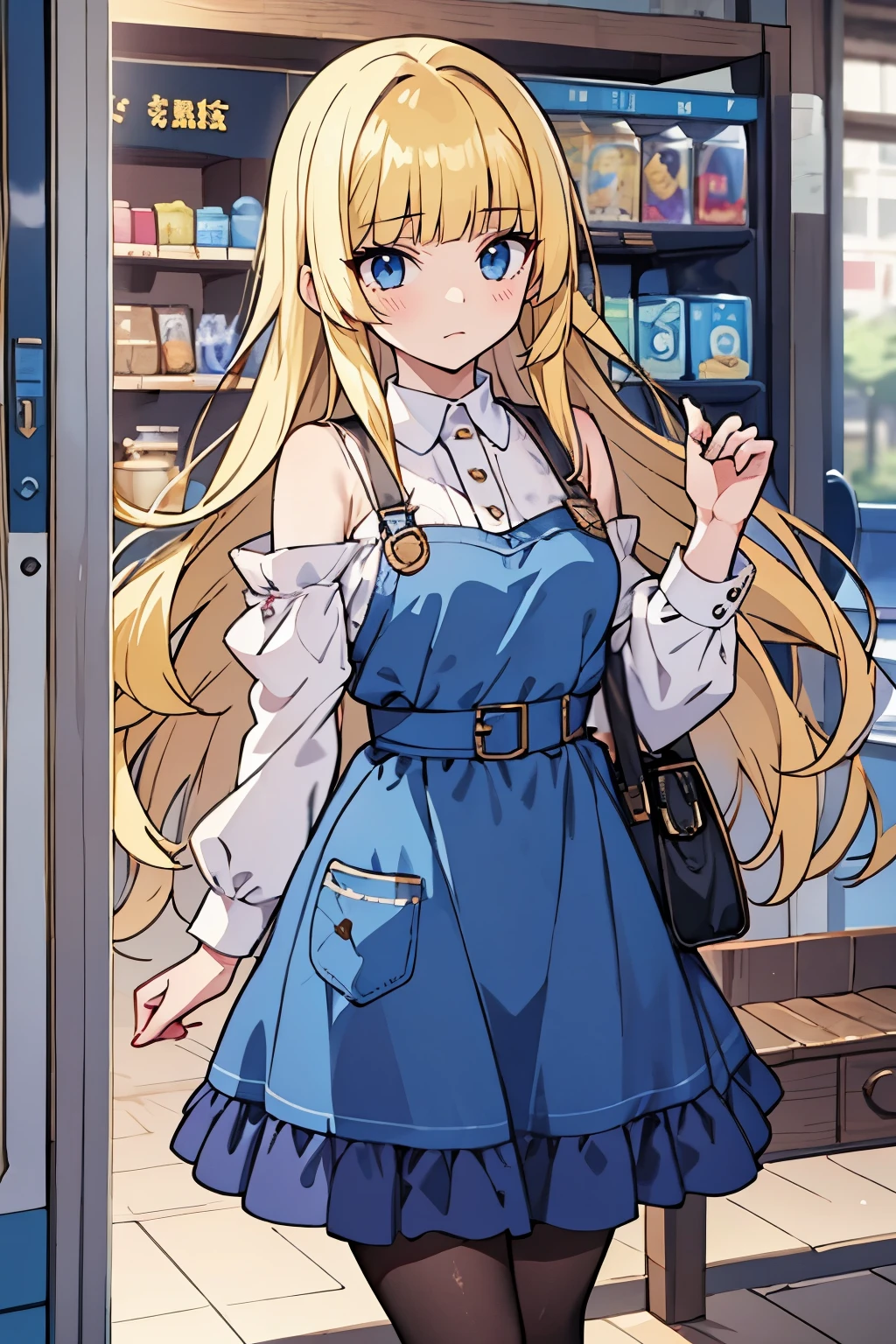 cowboy shot, Young adult girl, best quality, 1 girl, female figure, yellow hair, blunt bangs, extra long hair, crystal blue eyes, golden blonde hair, voluminous hair, disheveled wavy hair, cute girl, (medium small breasts), (young female body: 1.4) , Train station background, vending machines and benches, pantyhose, white shoulder bag, blue apron dress, long sleeves, blue dress, lapel dress, kitchen apron