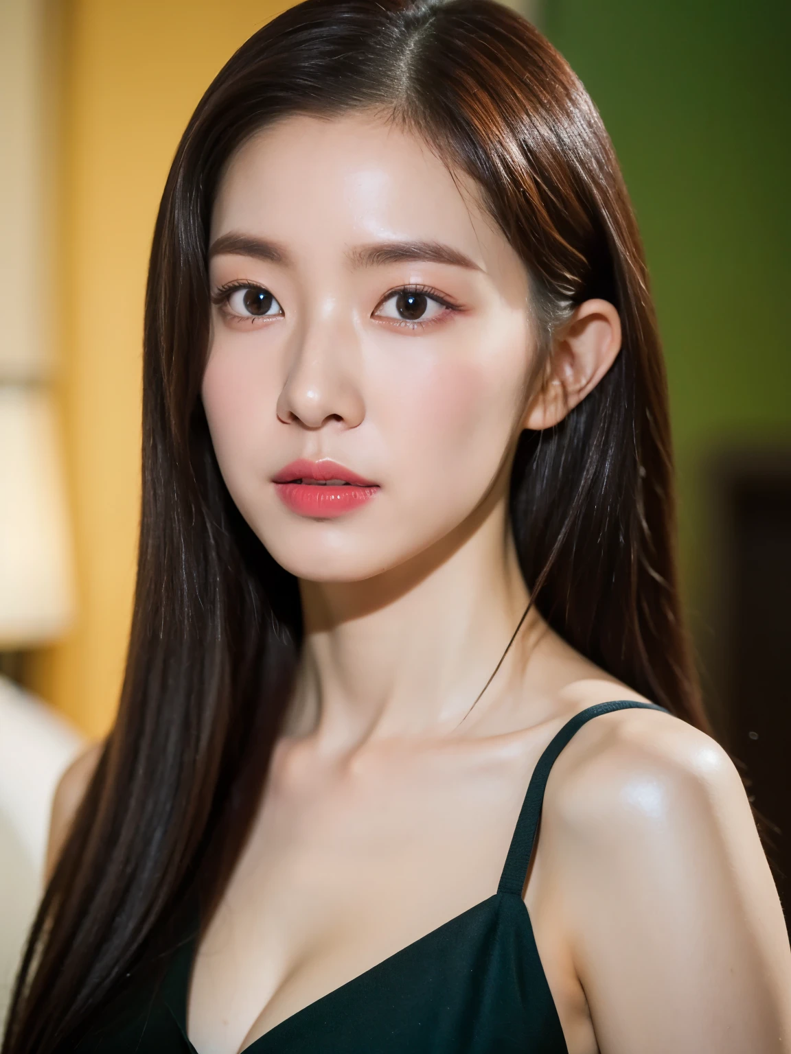(8K, RAW photo, Best quality, Masterpiece:1.2), (Photorealism), (Extremely detailed Cg Unity 8K wallpaper), ((1 girl)), (Surrounded by flower1.4), pony-tail hair, cleavage, (Perfect:1.4), (Medium breasts:1.2), Beautiful face, Clear Focus, Cocktail black dress set, bokeh background in hotel room, fine eyes, fine skin, fine lips, Model flattering portrait pose, eyes color contacts lens is gemstone green, random body orientation,