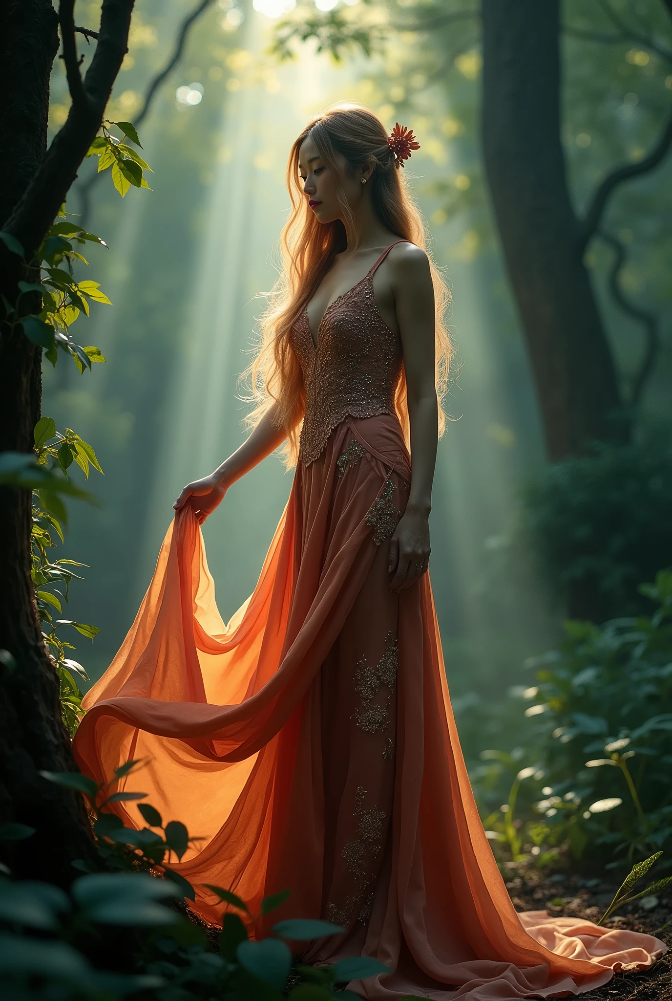 beautiful detailed woman with asian features, long rose gold hair, intricate silk dress, mysterious dark magical forest background, cinematic lighting, volumetric fog, stunning digital art, hyper realistic, 8k, (best quality,4k,8k,highres,masterpiece:1.2),ultra-detailed,(realistic,photorealistic,photo-realistic:1.37),dramatic chiaroscuro lighting,moody atmosphere,vibrant colors,detailed textures