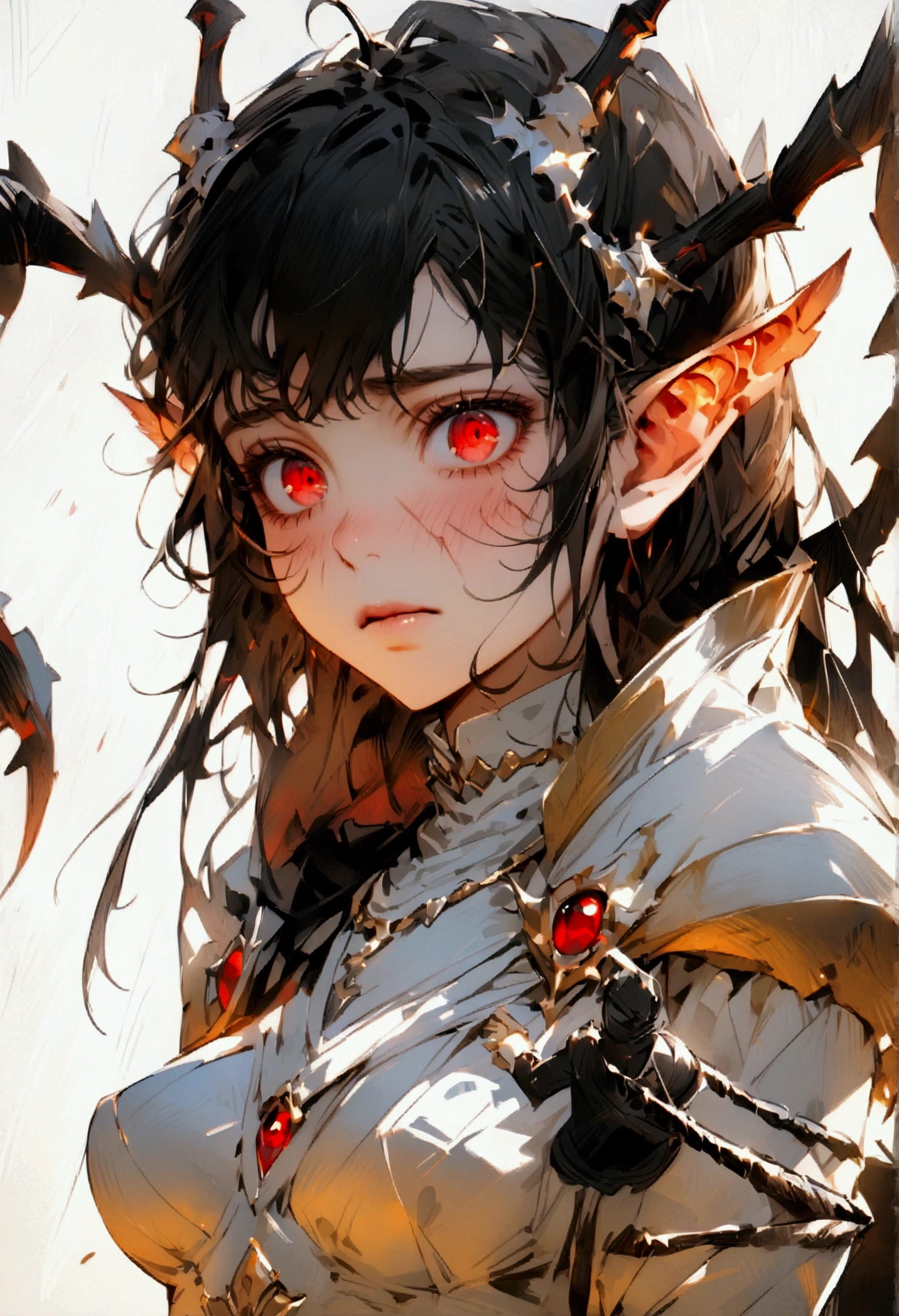 (masterpiece), highest quality, Expressive eyes, Perfect Face, female, black Hair, red Eyes, Centipede antenna's Ears, knight garment, Black trousers, Portraiture, good looking, Apathetic and tired, centipede tail, bruised, full body, necklace manly, medium size breasts,