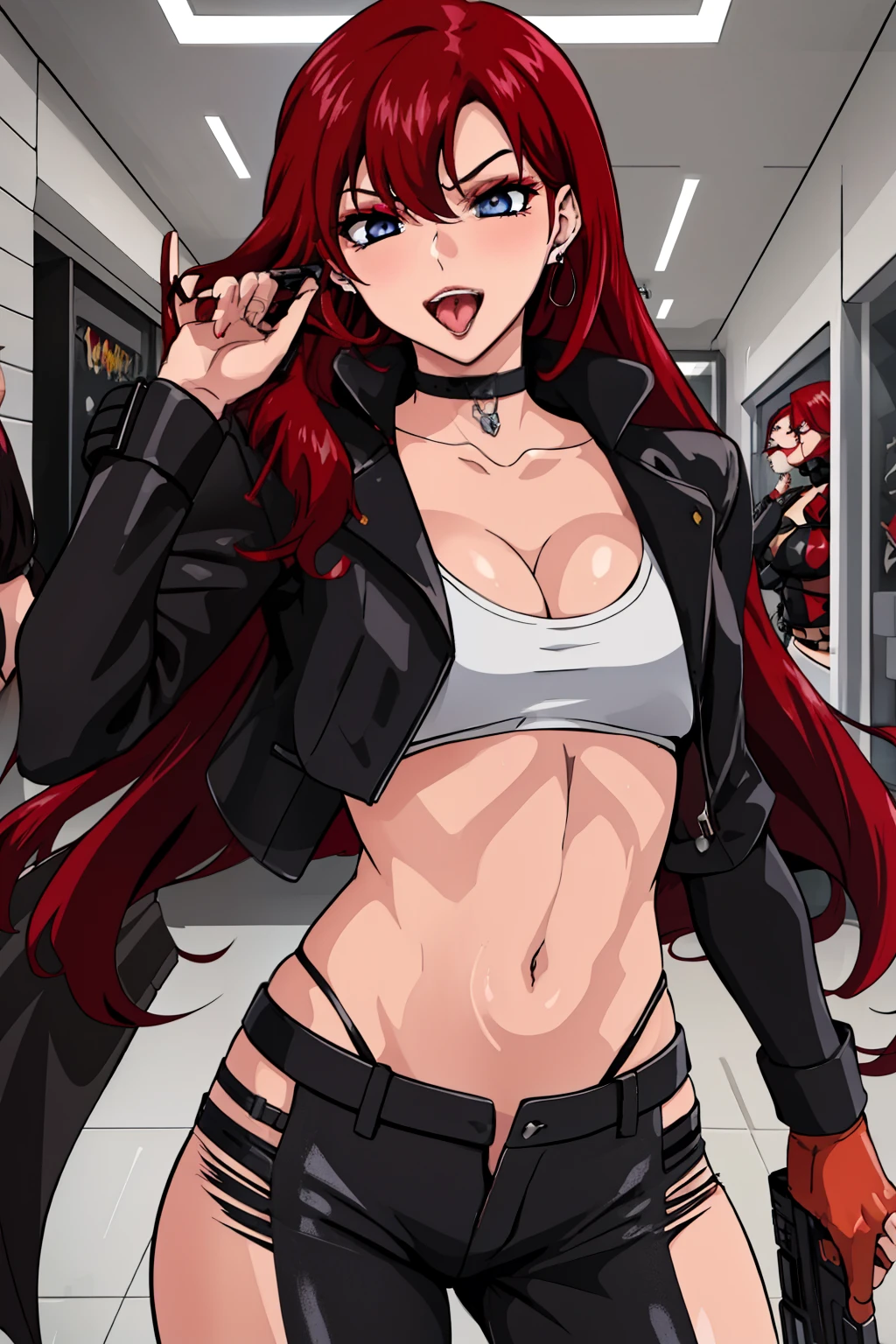 red hair, blue eyes,long hair,
, blush, lipstick,  gloves ,  mouth open and tongue out, long hair, choker, blush, lipstick,,jewelry, earrings, Hot girl, baddie, bad attitude, mean girl, crazy, smoking, sensual, attractive, mall, shopping center,indoors, masterpiece, best quality, highly detailed, a girls with a gun, evil smile , open mouth, sexy gaze, badass pose , evil smile, smile, guns blazing, anime girl with long hair, beautiful long haired girl, navel, evil expression, exposed belly, exposed navel, exposed midriff, exposed lower belly, long black pants, crop top, cleavage, unbuttoned leather pants ,open fly, low rise black leather pants, leather jacket, holding a gun, holding pistol, 