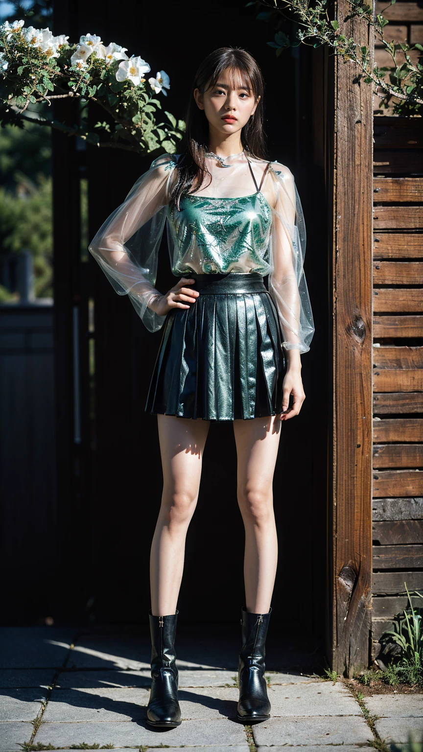(8k、RAW Photos、Highest quality、masterpiece:1.2)、(Realistic、Realistic)、1 person、((black and green mini skirt、Fantasy、Warrior Armor、Ice Magic、See-through、garden、garden、Breast enlargement、boots、cool、Thin legs、whole body、View from the front、Looking into the camera、Stand with hands on hips))、cute