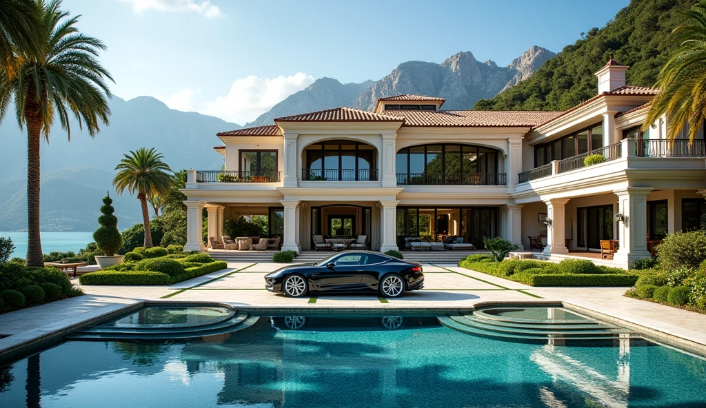 luxury mansion with a luxuary car parked in front of it, green yard with trees, behind sea and mountain, luxury pool, luxury lifestyle, luxurious environment, luxury architecture, rich, huge mansion, rich style, luxury and elite, extremely opulent, luxurious, hyper luxurious, majestic masterpiece, wealthy, luxury, stunning grand architecture, exquisite masterpiece, flaunting his wealth, inside a grand, architectural masterpiece