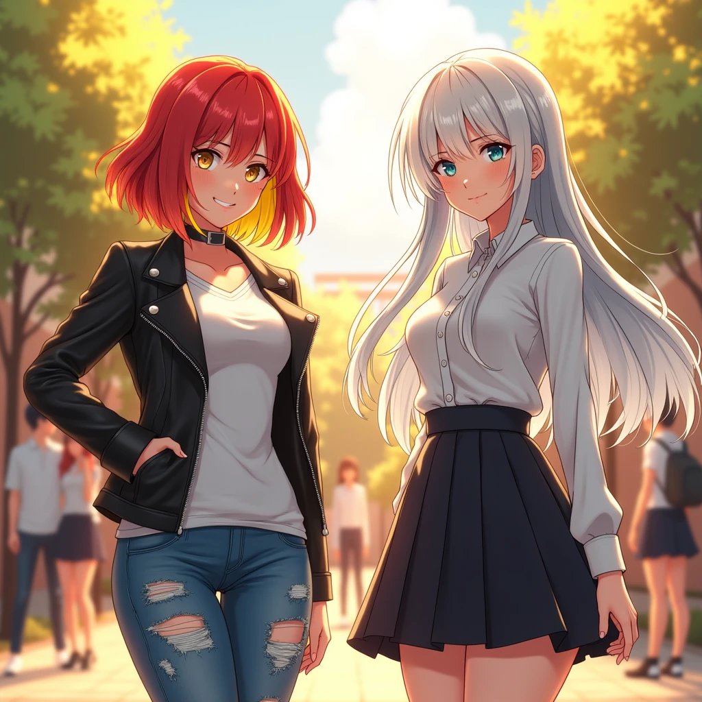 2 girls, school yard, BREAK (masterpiece:1.2), best quality, high resolution, unity 8k wallpaper, (illustration:0.8), (beautiful detailed eyes:1.0), extremely detailed face, perfect lighting, extremely detailed CG, (perfect hands, perfect anatomy), (1 girl, curvy, with short red hair and yellow streaks, yellow eyes, black leather jacket, white t-shirt, torn jeans, mischievous smile), (1 girl, curvy with long white hair with blue streaks, light blue eyes, white blouse, black pleated skirt, emotionless face), anime style