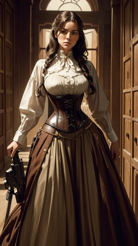 Old west, beautiful woman, hourglass figure, tied up hair, corset, long skirt, gun slinger