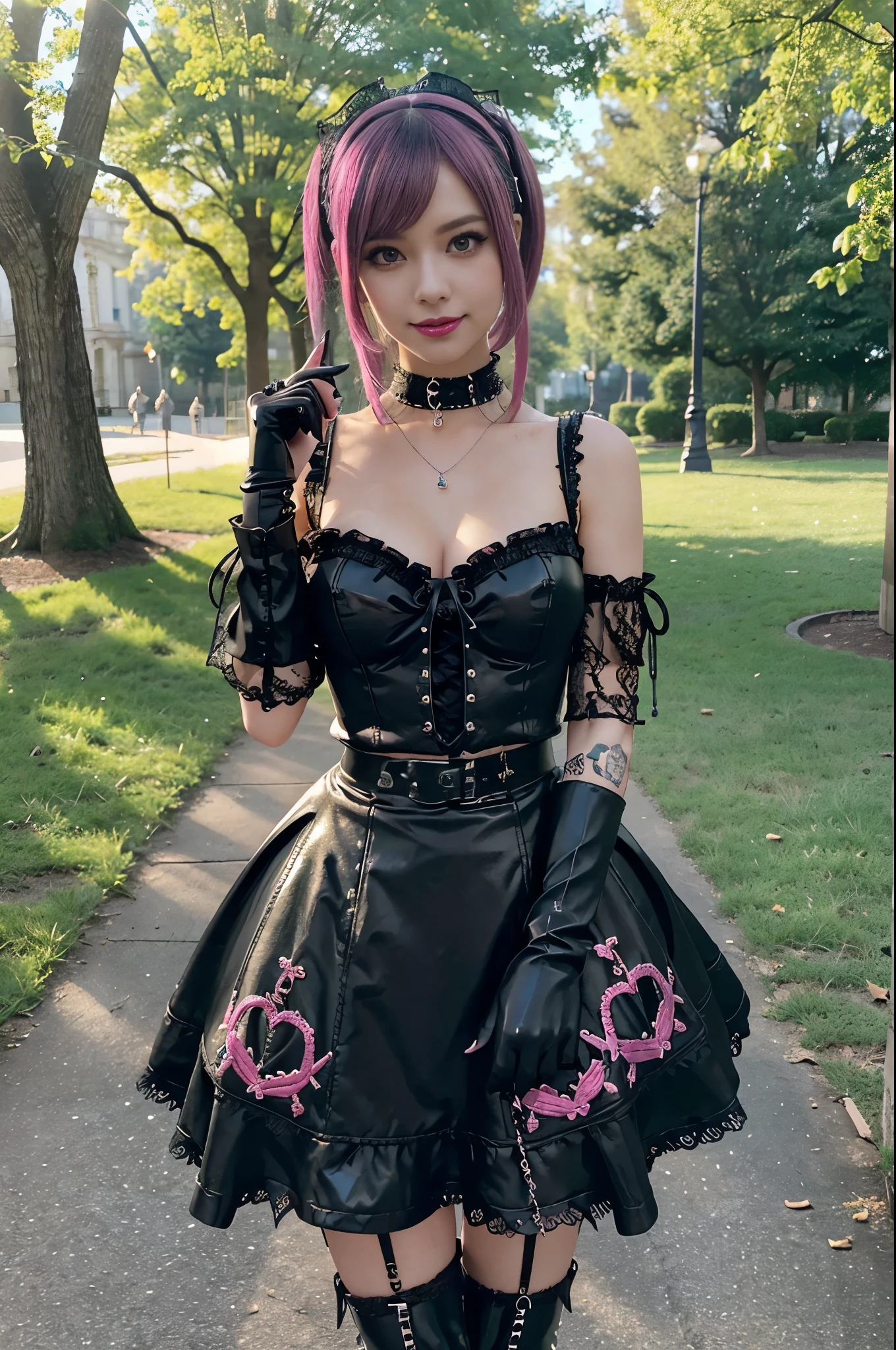 sexy stylish female model, only 1 female, ((doll-like appearance)), long stylish hair, ((shiny Punk-Style boots)), (happy smile), ultra detailed eyes, long lashes, metallic makeup, lipgloss, ((sexy Punk ta cosplay)), unconventional skirt, petticoats, high neckline, ((ultra detailed lace)), ((ultra detailed embroidery)), intricate details, tartan patterns, safety pins, Punk Loliccessoires, short black gloves, Punk Lolita cr, ((large sparkling Punk Lolita jewel, cinematic light, detailed sunny large park background with trees