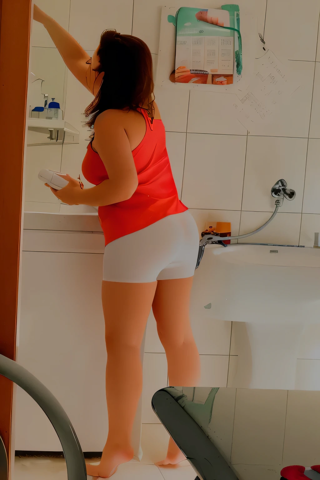 there is a woman standing on a scale in a bathroom, in bathroom, in a bathroom, wearing a wet white short dress, in shorts, uhd candid photo of dirty, wearing white tights, white miniskirt, side shot, wearing red shorts, bending over, standing in front of a mirror, tight, in the kitchen, white leggings, tight shot
