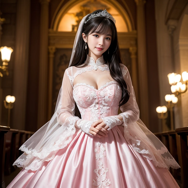 best quality, Delicate face，beautiful visual work, lifelike, eternity, black hair, Long curly hair, blunt bangs, Smile, Detailed Background, Delicate face，pink blush，cold，((masterpiece))、(top quality)、8k、high detail、Super detailed，31 years old female，Seductive and whimsical style、masterpiece、born、Scenes resembling fairy tale illustrations、Intricate details and complex designs、Beautifully、magic、capricious、 Beautifully、Dream aesthetics、「𝓡𝓸𝓶𝓪𝓷𝓽𝓲𝓬、ethereal、charming、fickle、magic」、Realism、Visual effects、FXAA、SSAO、Shaders、voiceless、ambient lighting、Tone mapping、High resolution、Ultra high quality、Million pixels、(8K resolution:1.10)、8k、Below 8K、8K resolution、high detail、intricate details， (high quality:1.2、masterpiece:1.2、:1.21)、(31 years old female:1.21)、(Smile excitedly)、(Surrounded by the dreamy atmosphere、Model diagram，full-body shot，Normal 2 feet，Don't show your fingers，wearing pink princess wedding dress, Don’t show your feet, big skirts, princess dress, wedding princess dress, ball gown wedding dress, bride, bridal veil,in the church，Holding flowers in both hands， long skirt, long sleeves,a bride, skirt covers feet, H CUP, Large Breasts, wear wedding gloves, 