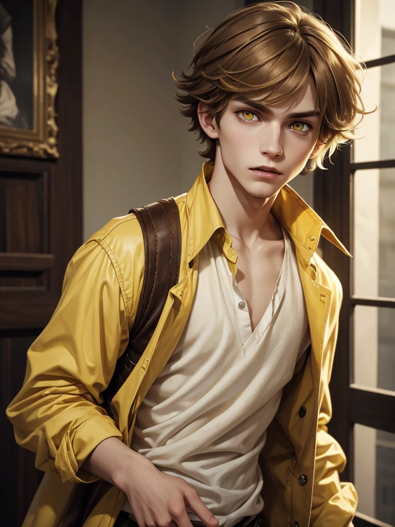 (best quality), 1boy, Male, young, pale skin, (brown hair), blonde highlights, short hair, swept fringe, messy hair, (yellow eyes), perfect eyes, vampire, boyish, stylish clothes, masterpiece, anatomically correct, highres

