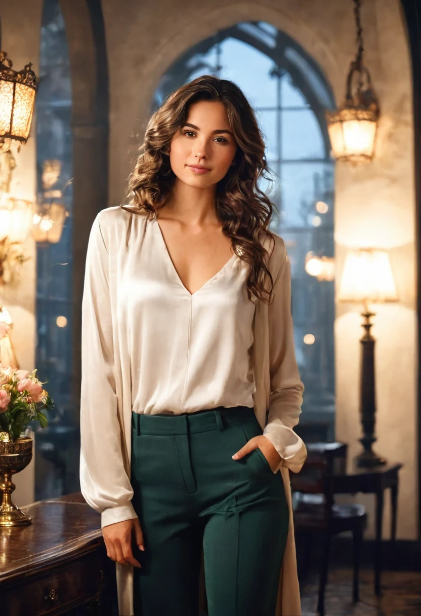 Create an image of a charming young woman with dark hair, facing the camera and standing in a confident pose. She is wearing a silky white V-neck blouse and dark trousers. The room is dark, illuminated by soft, nighttime light coming through the windows and gentle, dimmed lights from lamps. The background features large windows, an ornate archway, and tastefully arranged furniture, adding to the sophisticated atmosphere. The overall mood is intimate and serene, with the subdued lighting enhancing the romantic ambiance.