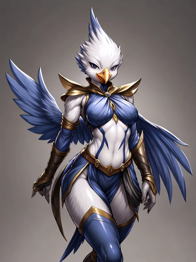 ((bird)), furry female anthro,bird woman,HD,sharp,beautiful and detailed,woman ((anthro)),1girl,young girl,blue skin,(look at viewer) ,bird girl,beak,by dr comet,by pochincoff, by jlullaby,by kingbang,by obui,by ZeroQrisu,by sparrow,by gmeen,seduce smile,((thief outfit)),athlete,((simple background)),(gray background,)