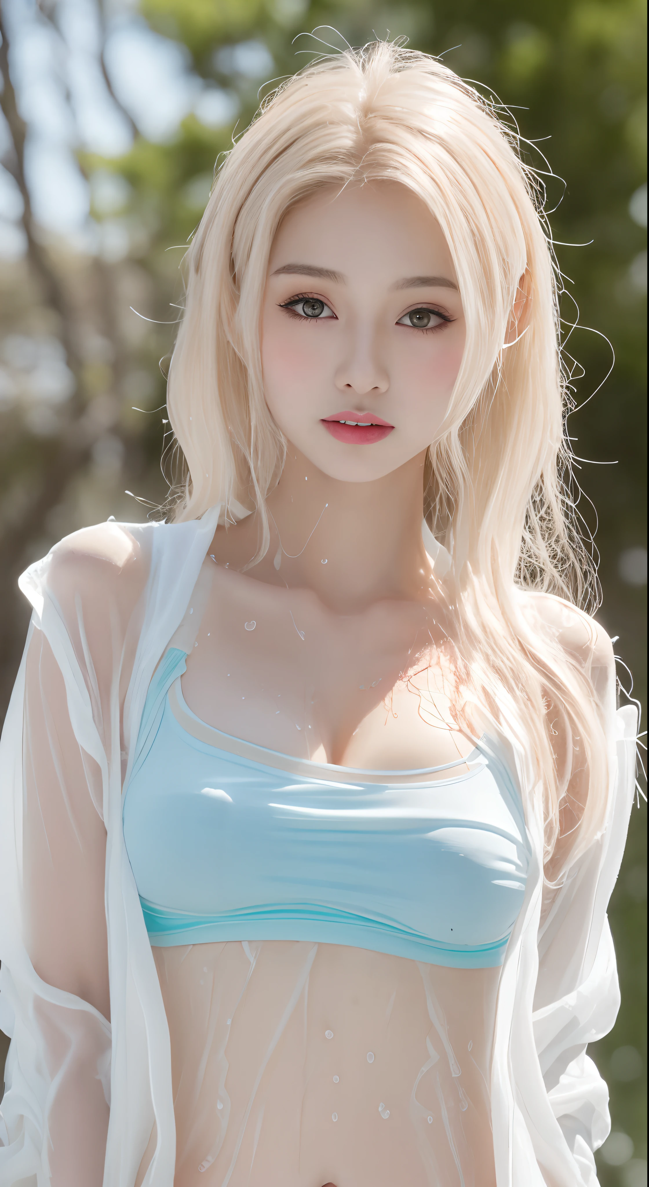 ((Best quality, 8K, masterpiece:1.3)), Beautiful woman with perfect body:1.4, Cleavage highlights:1.5, (Perfect breasts:1.2), (Wet clothes:1.5) , Drawstring:1.4, Delicate eyes, Double eyelids，Snow-white skin，Pink long hair