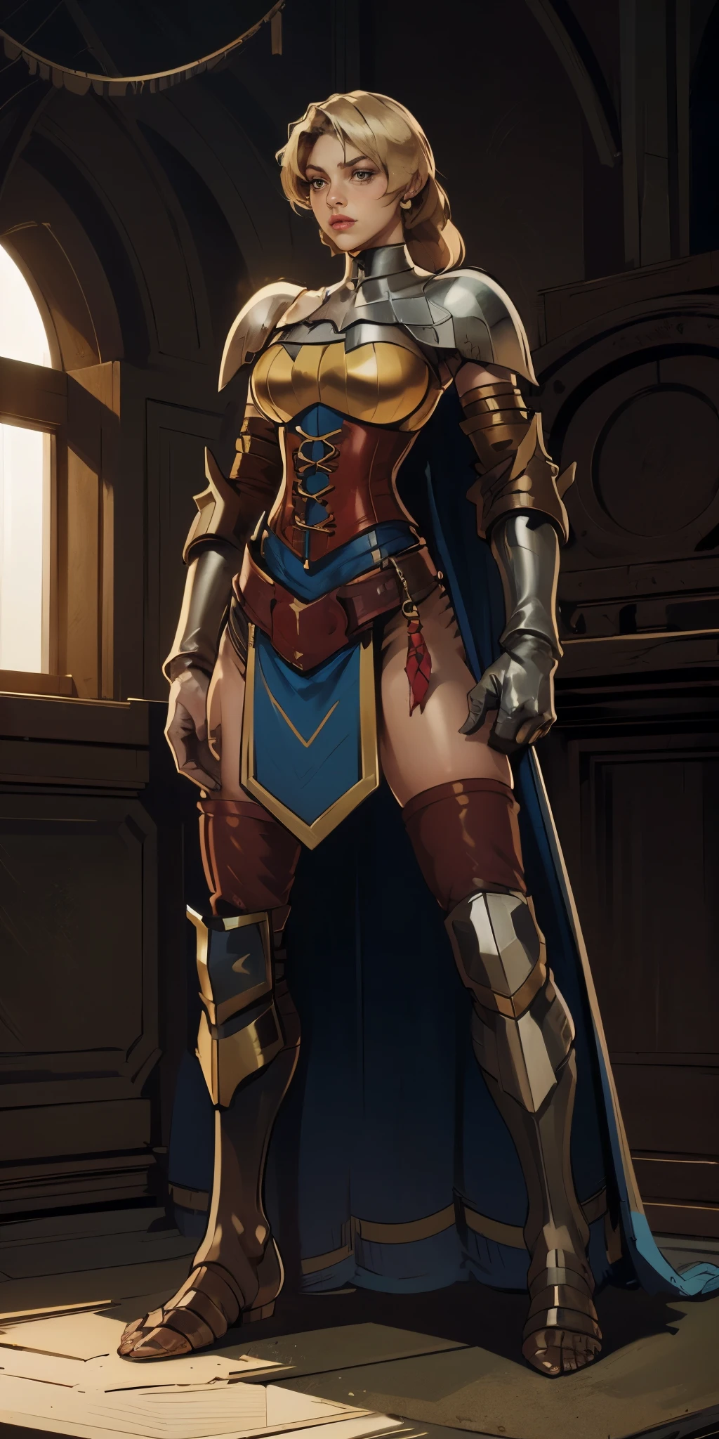 full body, whole body. 1solo (girl). slave fighter, loincloth standing, hands on hips, metal sandals, leather choker and corset, big belt, view from below, feet together, bracers, tiara)