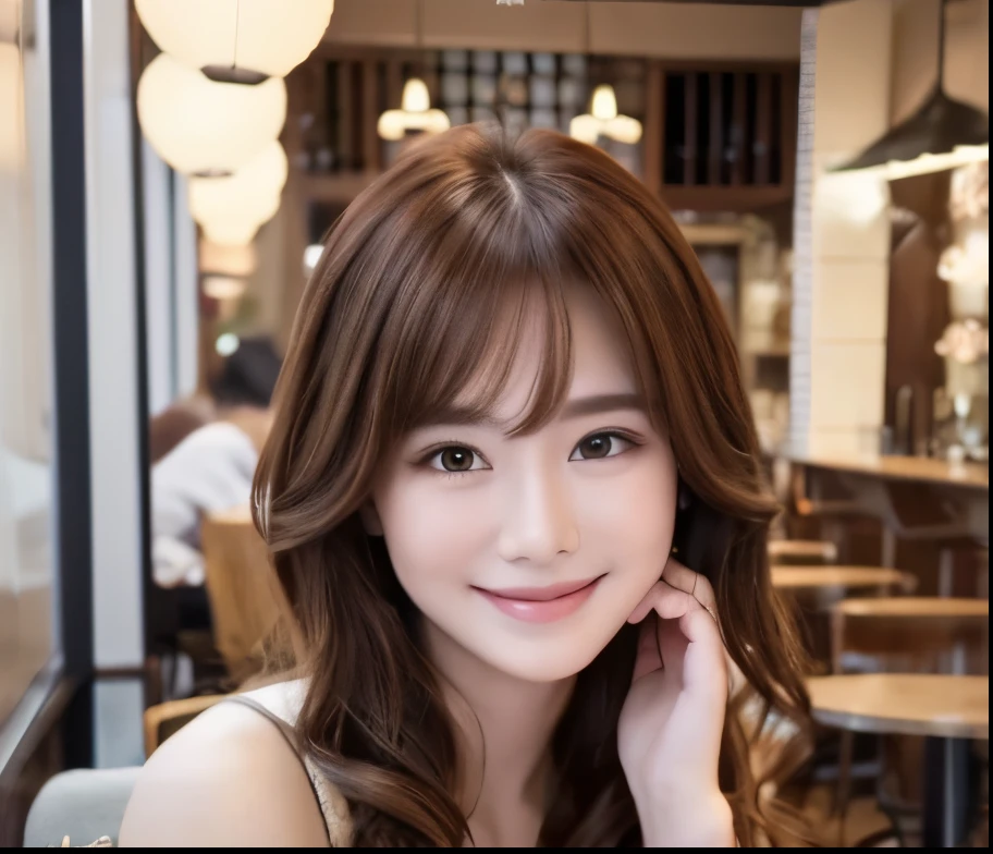 4K, Realistic, Charismatic, Very detailed, ,Casual style、Age 25, whole body、Wavy chestnut brown hair、Smiling face