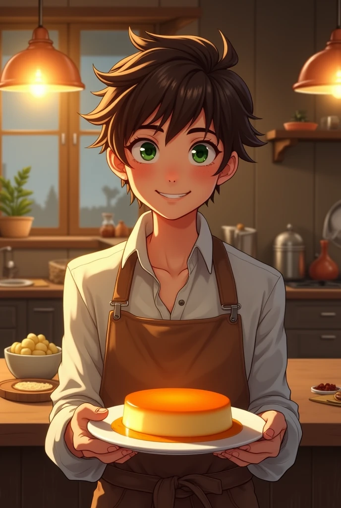 a young adult holding a flan in their hands, no fruit above