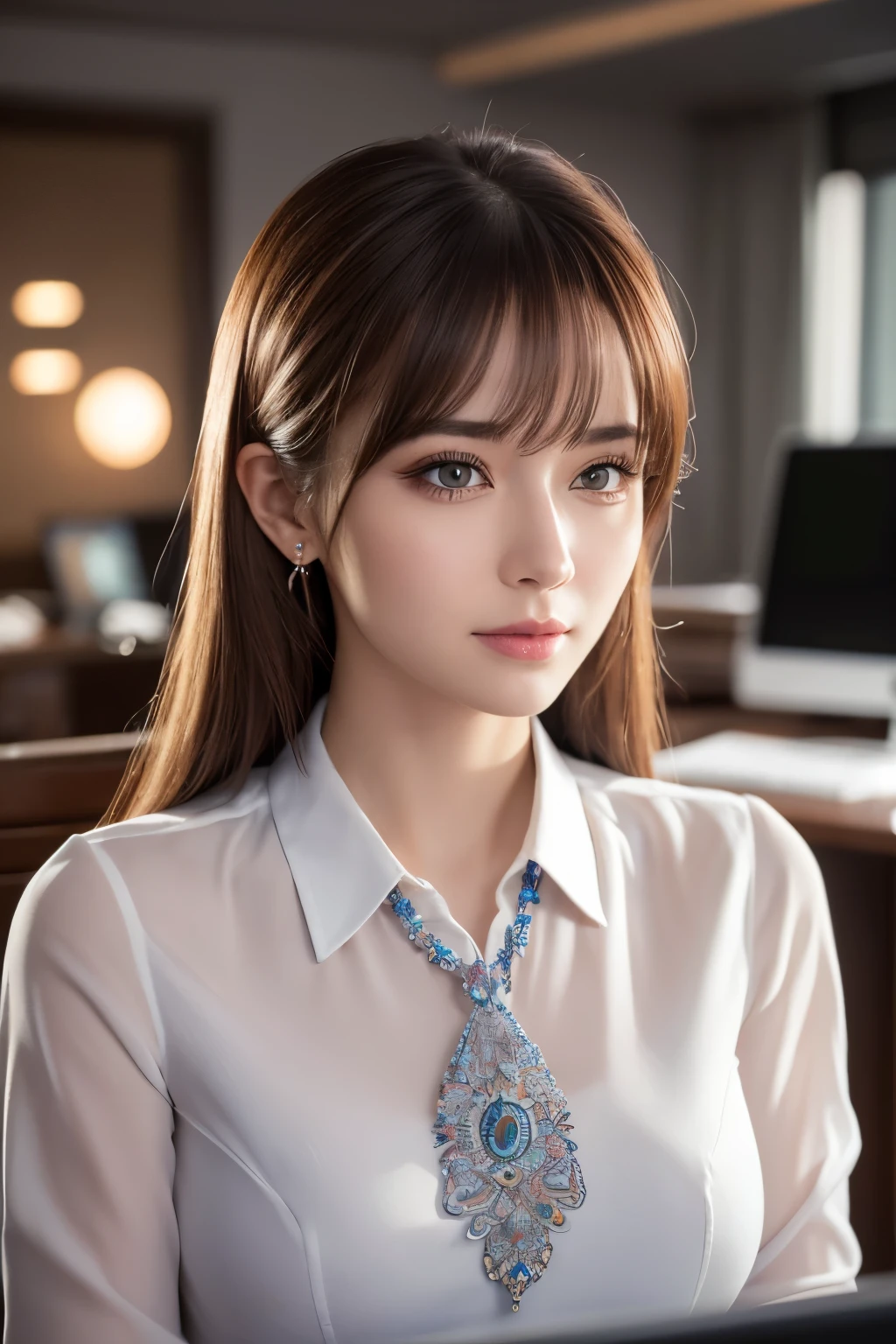 beautiful detailed eyes, beautiful detailed lips, extremely detailed eyes and face, longeyelashes, elegant office lady, professional business attire, office setting, desk, computer, paperwork, (best quality,4k,8k,highres,masterpiece:1.2),ultra-detailed,(realistic,photorealistic,photo-realistic:1.37),HDR,UHD,studio lighting,ultra-fine painting,sharp focus,physically-based rendering,extreme detail description,professional,vivid colors,bokeh,intricate details,highly realistic,photorealistic portrait