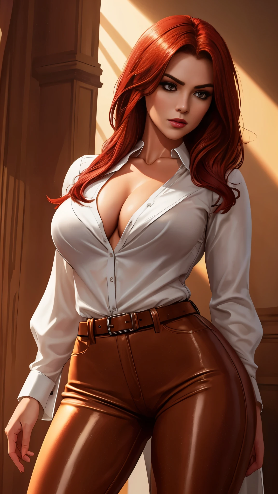 a gorgeous woman wearing a white silk shirt with a deep v neck, brown leather pants, and a belt, cinched waist, dramatic lighting, photorealistic, high fashion editorial, crimson hair, vampire