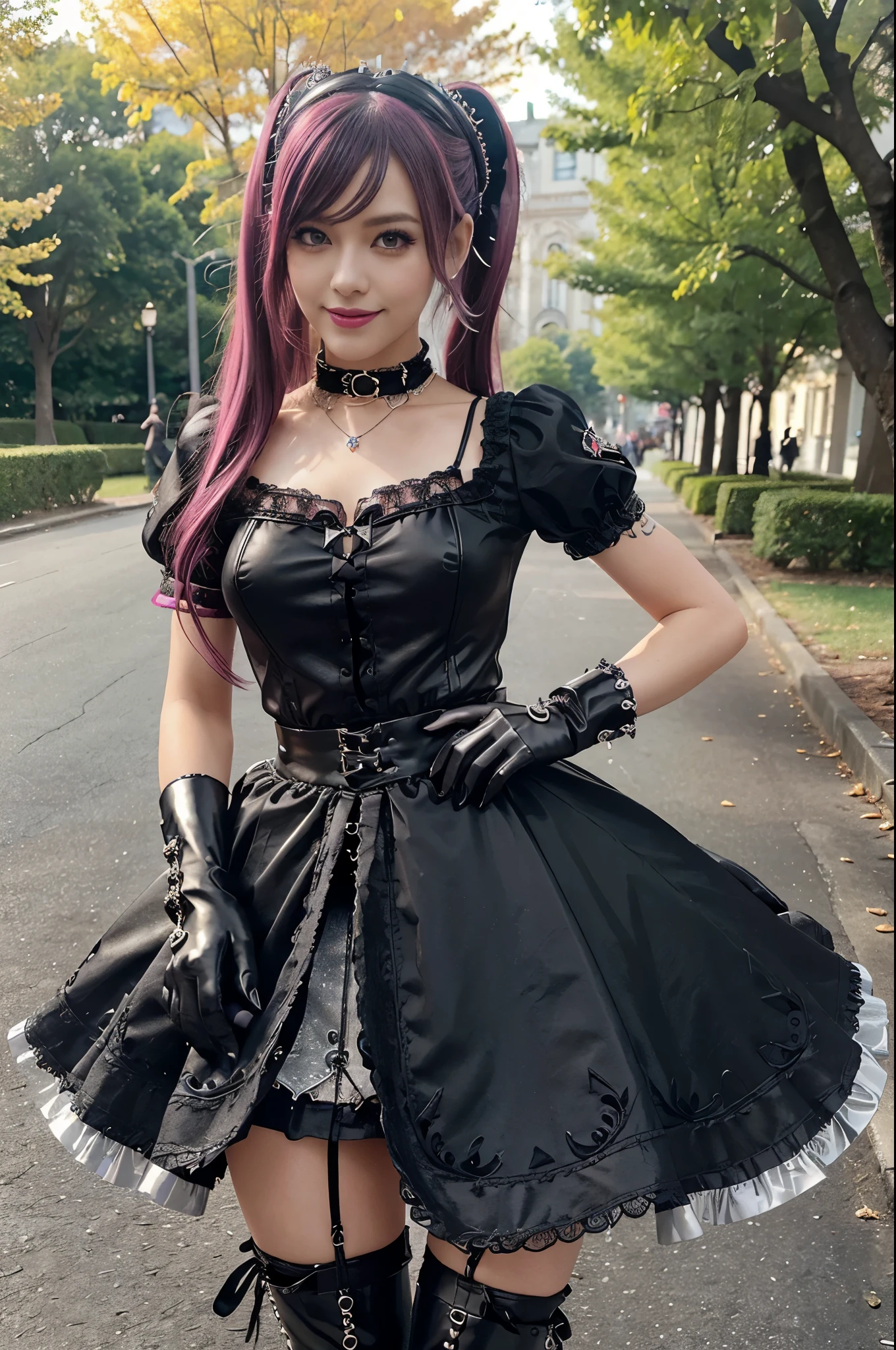 sexy stylish female model, only 1 female, ((doll-like appearance)), long stylish hair, ((shiny Punk-Style boots)), (happy smile), ultra detailed eyes, long lashes, metallic makeup, lipgloss, ((sexy Punk Lolita cosplay)), unconventional skirt, petticoats, high neckline, ((ultra detailed lace)), ((ultra detailed embroidery)), intricate details, tartan patterns, safety pins, Punk Lolita accessoires, short black gloves, Punk Lolita choker, ((large sparkling Punk Lolita jewelry)), cinematic light, detailed sunny large park background with trees