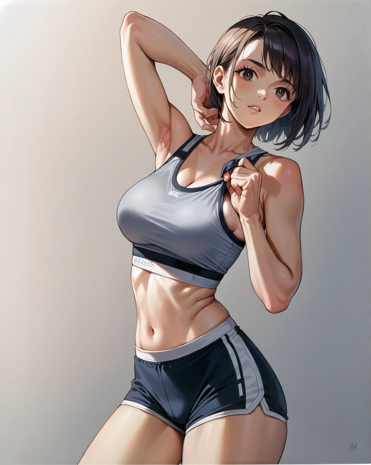 arafed woman in a gray bikini and panties posing for a picture, bralette, an epic non - binary model, photorealistic perfect body, sport bra, detailed sports bra, model with attractive body, sport bra and shorts, extremely high quality scan, bra and shorts streetwear, sport bra and shirt, ultra high quality model, sports bra, woman is curved