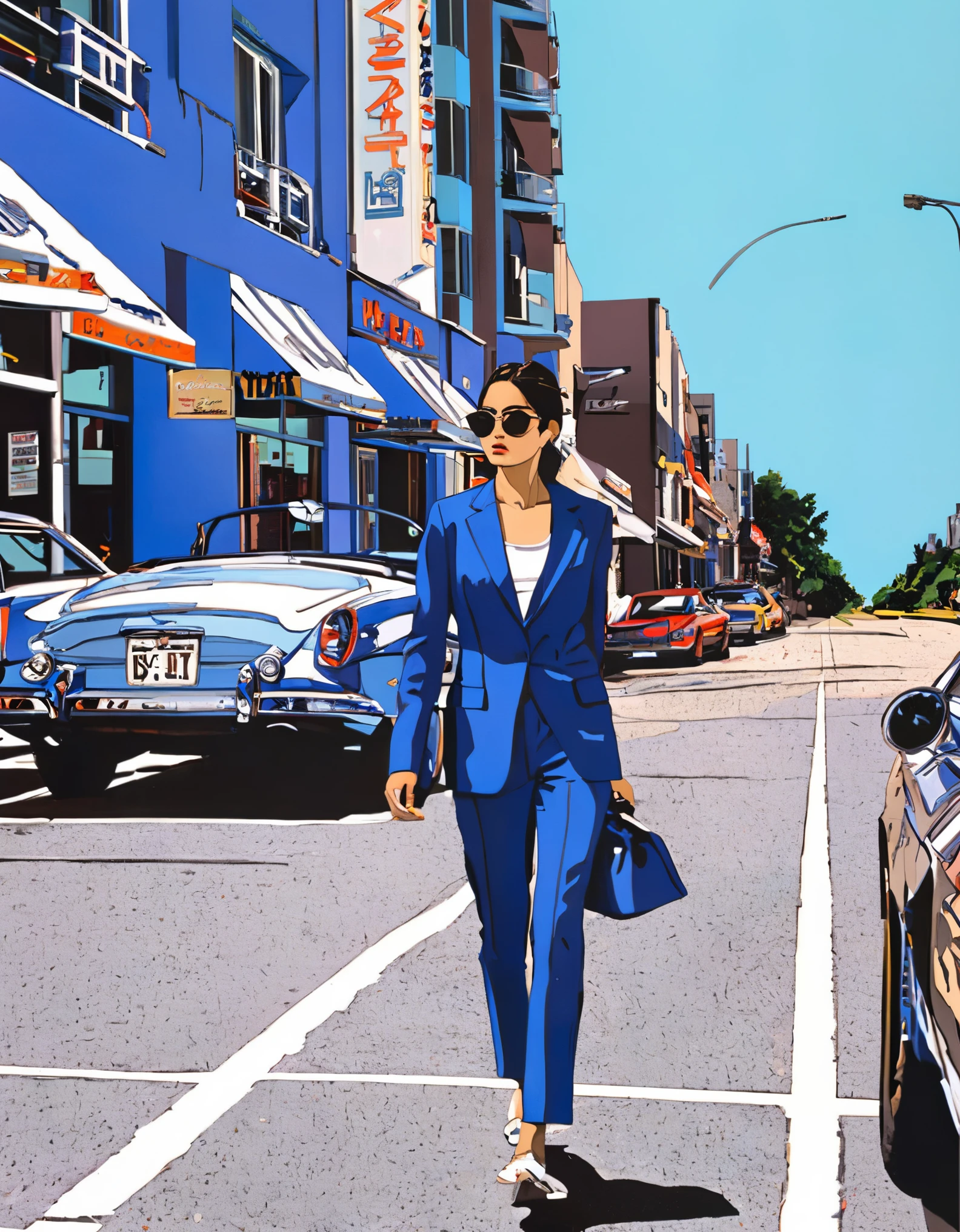 SuzukiEizin,1girl,suit, walking, street, sunglasses, store, sports car, blue sky