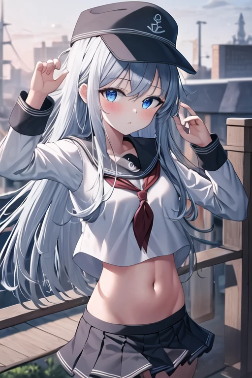 (masterpiece), highly detailed, best quality, (high resolution), 8k, 1girl, solo, serafuku, navel, small breasts,long_hair, blue_eyes, blush, hair_between_eyes, grey_hair, hat, white_hair, , immature, black cap, anchor_symbol,