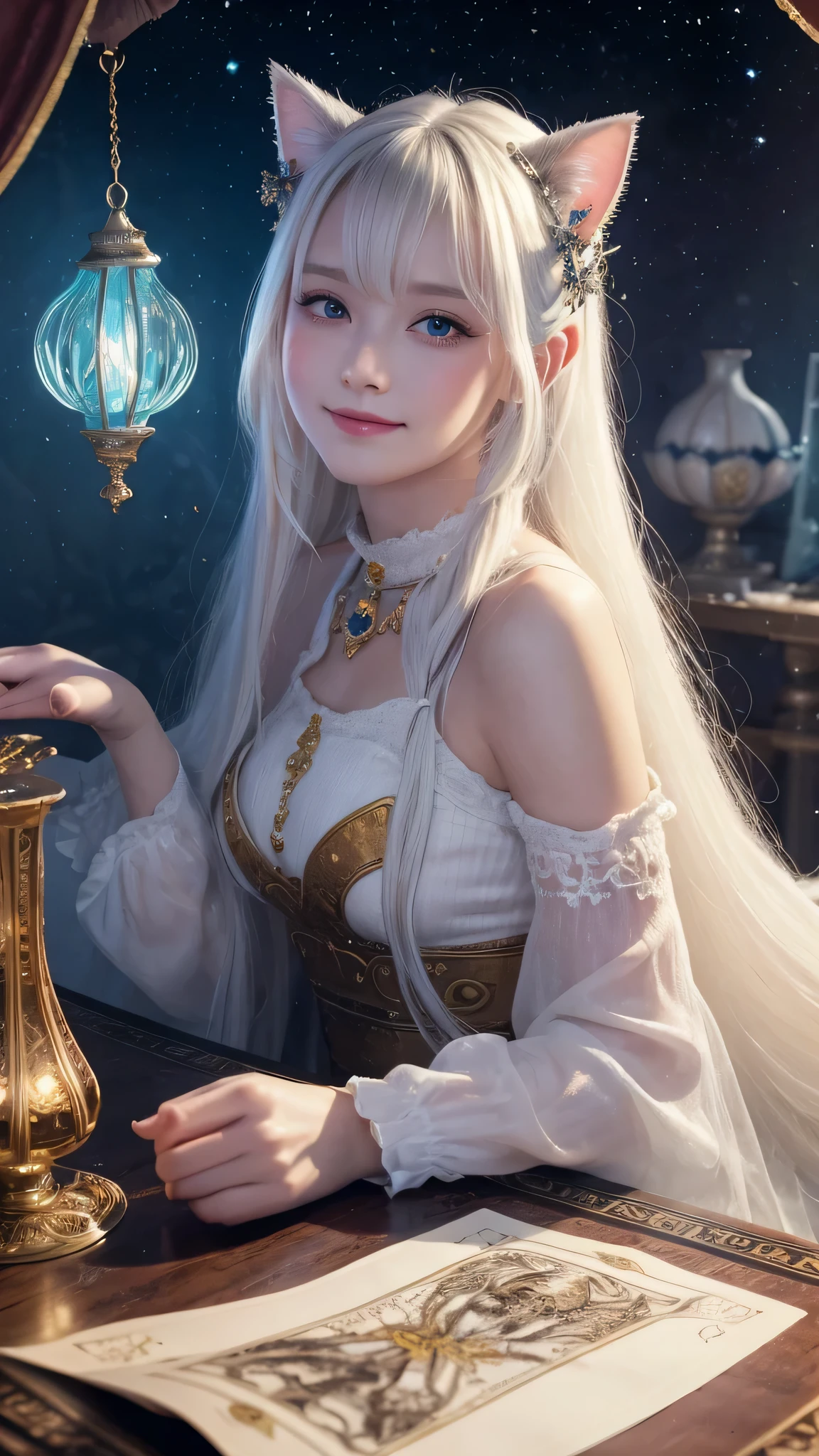 
(masterpiece, highest quality, highest quality, official art, beautiful and aesthetic: 1.2), (one girl: 1.3), wavy long hair, white hair, Cat ears on the head,highly detailed portrait, highly detailed hands, looking at the viewer, alone, (whole body: 0.6), detailed background, close, shining eyes, (cold arctic winter theme: 1.1), fortune teller, Charlatan, grin, Mysterious, sitting at the table, カラフルな肩のないゆるいジプシーfortune tellerの服, holy grail, tarot cards, Crystal jade, Medieval (inner tent: 1.1) background, tent curtain on background, dark Mysterious lighting, Shadow, magical atmosphere, starry night, dutch angle, healing and guidance, transcendental beauty, fractal art, Seaweed,