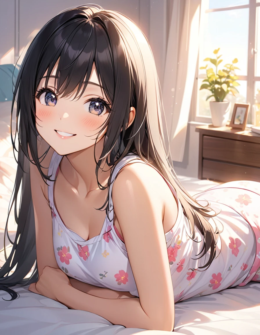 Woman, cute, adorable, smiling, straight hair, long hair, black hair, morning, sunny, looking at the camera, bedroom, sunlight, tank top pajamas, lying on bed,
on stomach,
on belly,
(put stomach on bed:1.3),