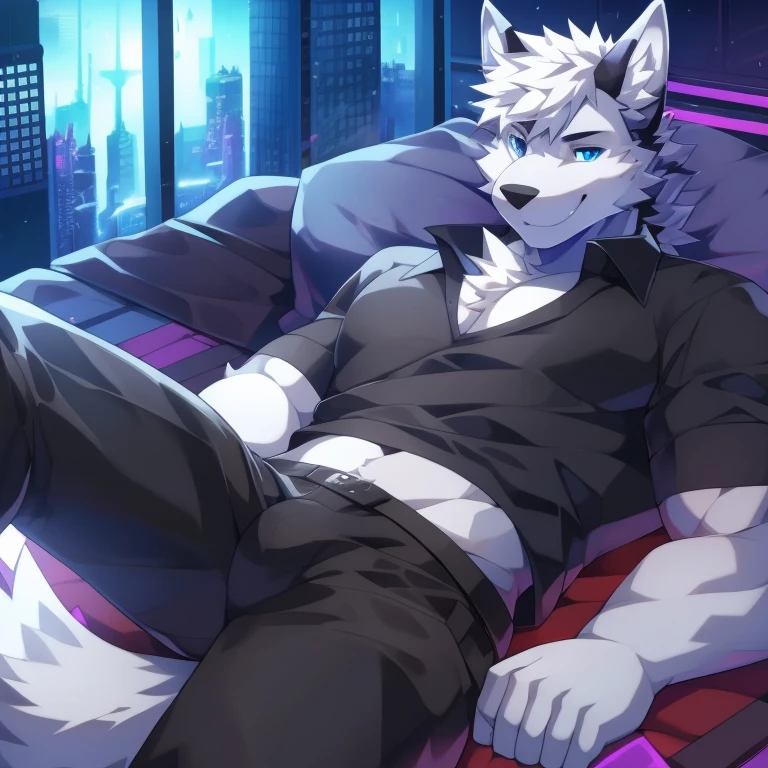 best quality, masterpiece,Male,solo,Huge anthropomorphic white Husky furry characters,White fur,White hair,White ears,Black short sleeve shirt,Dark jeans,,blue eyes, lying on a bed,Wear only black shorts, Cyberpunk interior background, scenic, Lie down in bed,Lie on your back,Smile showing teeth,