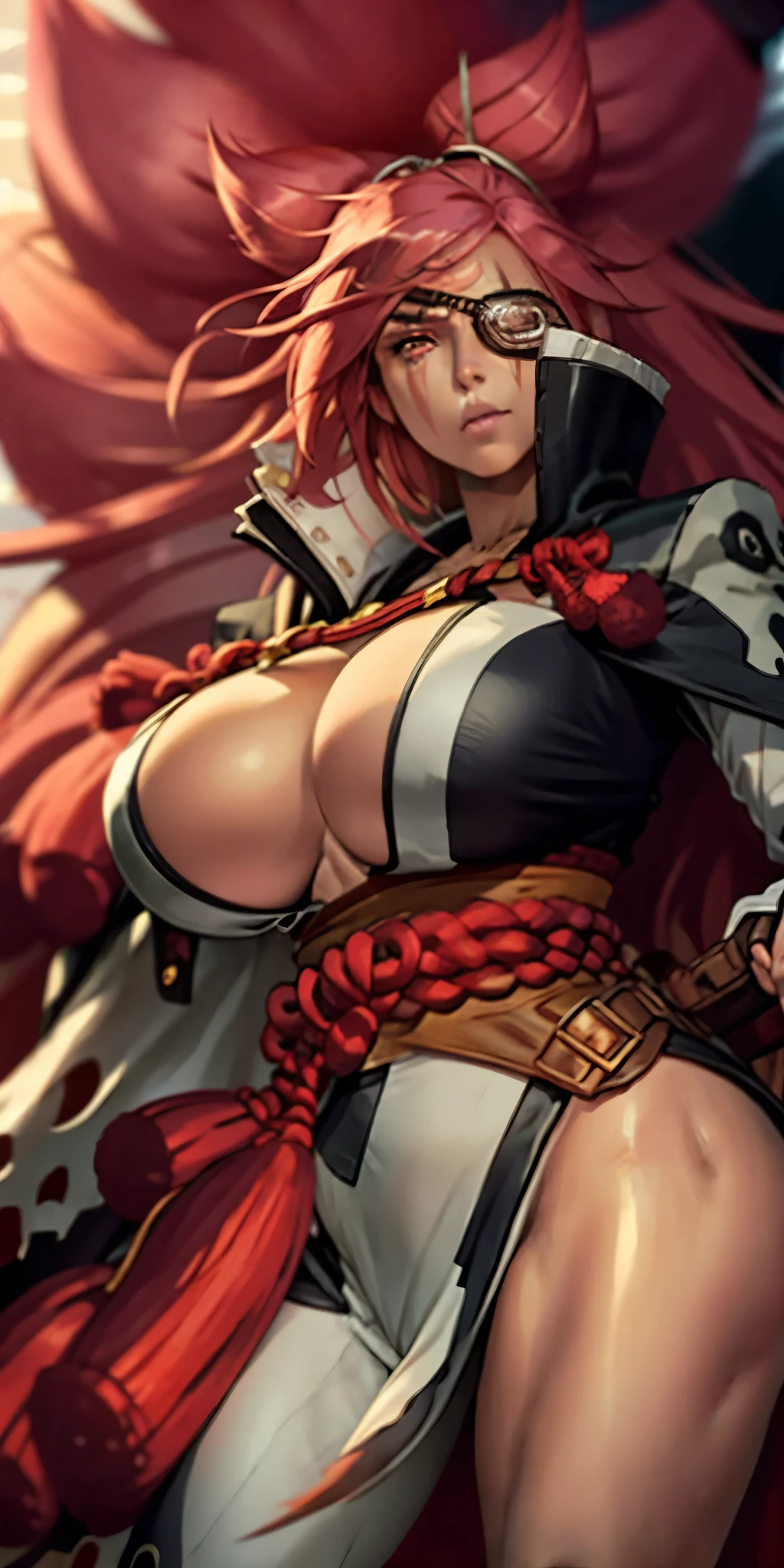 best qualityer, ultra-high resolution,detailed facial features,HDR,8K resolution, breasts big, big hair, amputated, braço amputated, mitts, Breasts huge, breasts big, gazing at viewer, one eyes, pink hair, rope belt, cicatriz, eye patche , full body standing showing her body and her beautiful big breasts